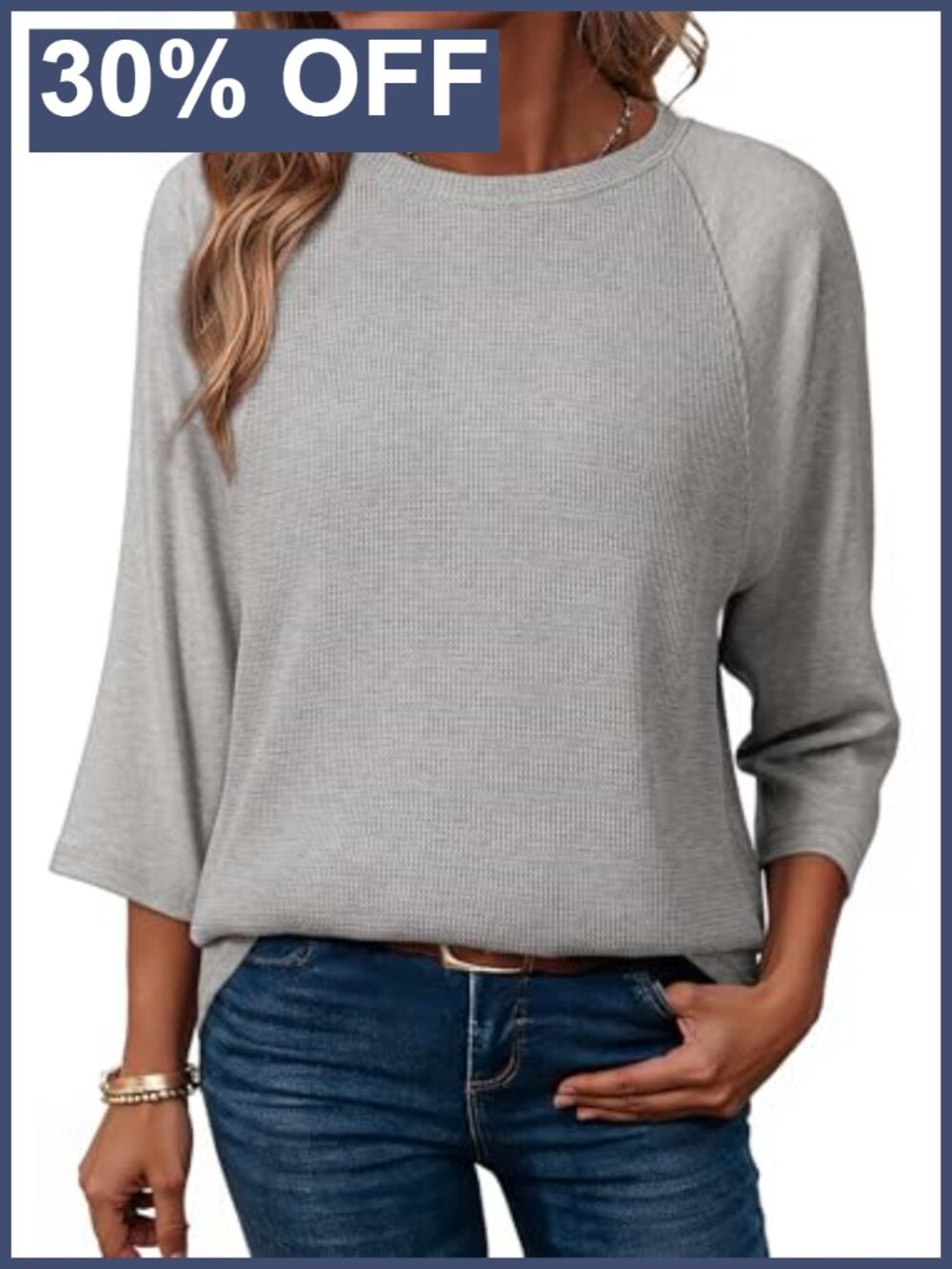 Waffle Knit T-Shirt 3/4 Sleeve Crewneck Loose Fit Casual Top